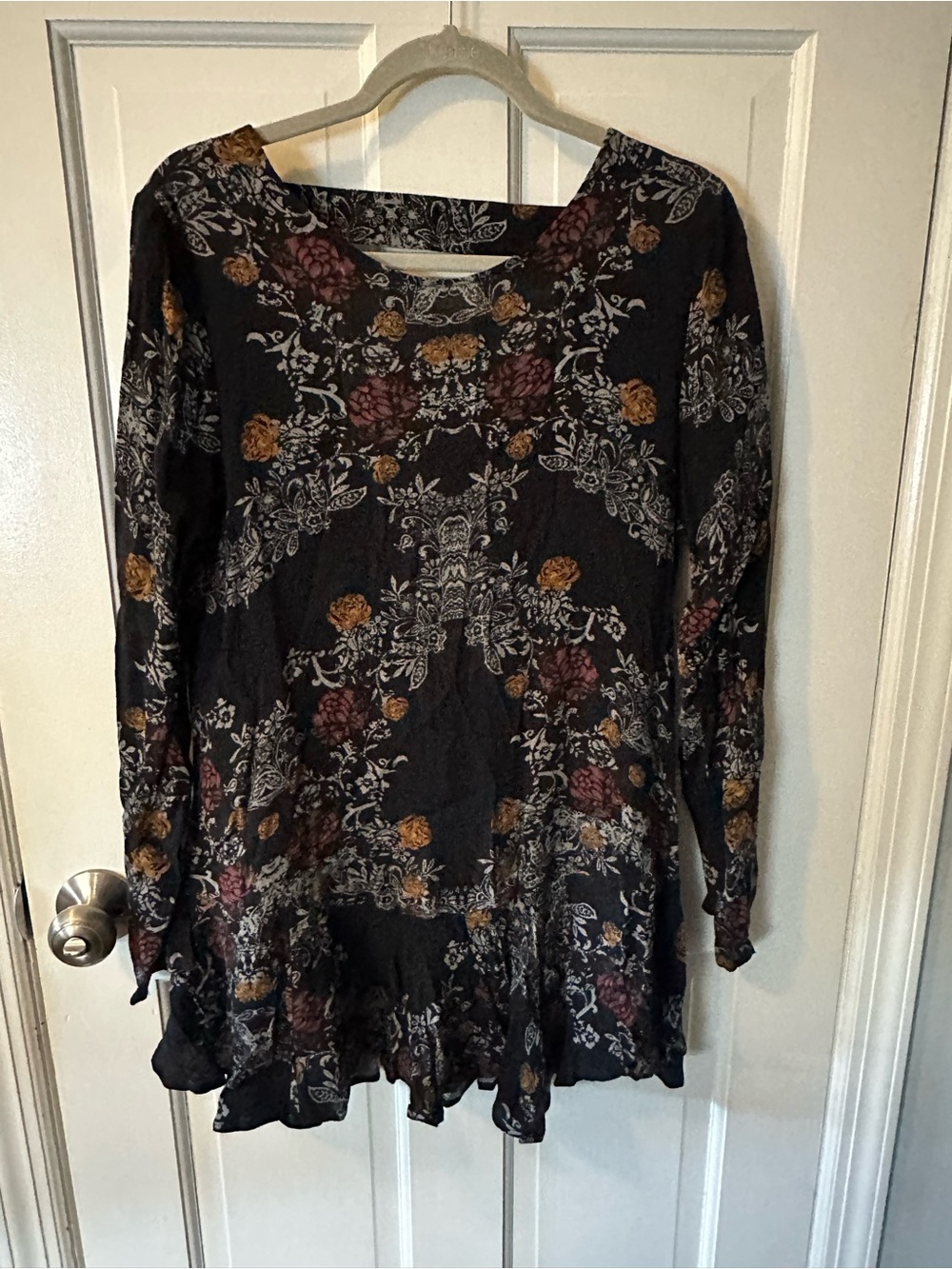 Free People Black Floral Ruffle-Hem Tunic with Rust and Mauve Accents